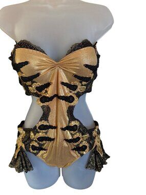 Custom Made Vintage-Style Gold & Black Lace Sequin Bodysuit Lingerie Costume  Sz